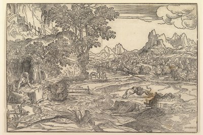 Landschaft mit dem Heiligen Hieronymus links, der auf einen Löwen und einen Bären schaut, die in der Mitte kämpfen..., ca. 1530-35 von Domenico Campagnola
