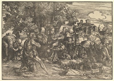 Maria unter Bäumen mit Baby, flankiert von Joseph links und St. Jerome rechts, 1517 von Domenico Campagnola