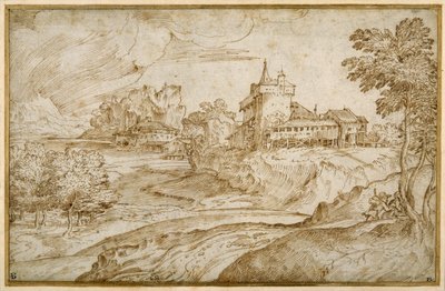 Gebirgige Landschaft mit einem Castello und anderen Gebäuden an einem Fluss; ein Mann eilt mit einer Frau, rechts, ca. 1540 von Domenico Campagnola