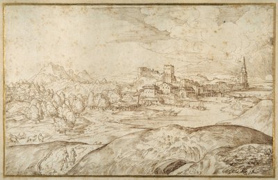 Gebirgige Landschaft mit einem Fluss und einer befestigten Stadt mit einem Turm mit Spitze von Domenico Campagnola