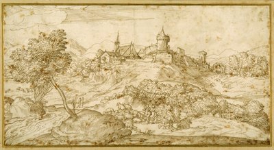 Gebirgige Landschaft mit einer ummauerten Hügelstadt: ein Hirte wird angesprochen, während er seine Herde hütet von Domenico Campagnola