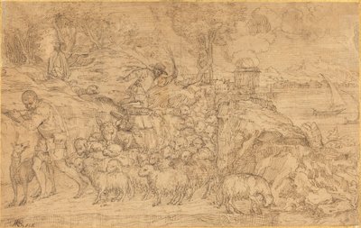 Hirte, der eine Flöte spielt und seine Herde führt von Domenico Campagnola