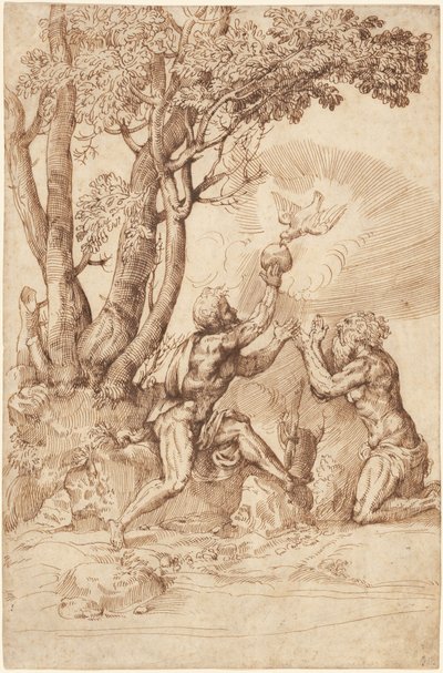Die Einsiedlerheiligen Paulus und Antonius erhalten Brot von einer Taube von Domenico Campagnola