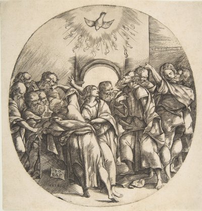 Der Heilige Geist als Vogel, der mit ausgebreiteten Flügeln herabsteigt, die zwölf Apostel ..., 1518 von Domenico Campagnola