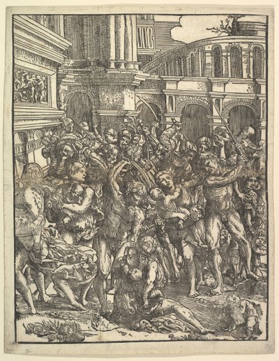 Das Massaker der Unschuldigen, rechte Seite mit einer Gruppe männlicher Figuren, die Frauen angreifen, 1517 von Domenico Campagnola