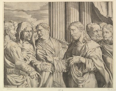 Das Tributgeld: Christus in der Mitte rechts, der einem Mann zu seiner Linken mit Münzen gestikuliert, ca. 1564-89 von Domenico Campagnola