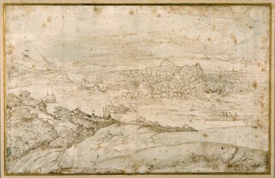 Waldlandschaft mit einem gewundenen Fluss; in der Ferne eine Stadt, eine Mischung aus Türmen und Kuppeln mit antiken Ruinen von Domenico Campagnola