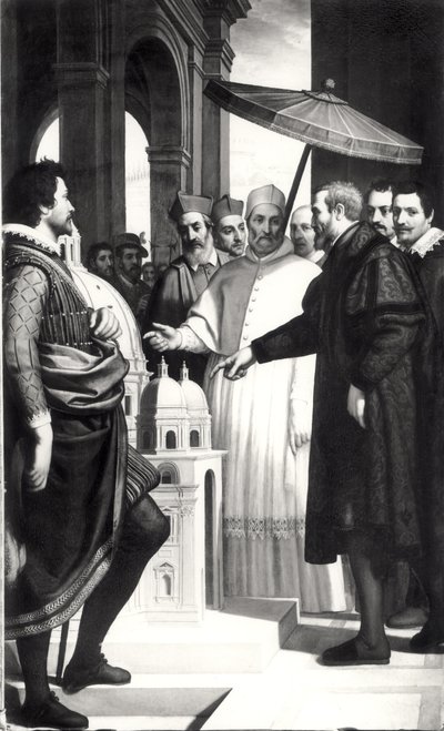 Michelangelo (1475-1564) präsentiert Papst Paul IV. (1476-1559) ein Modell der Kuppel von St. Peter von Domenico Cresti