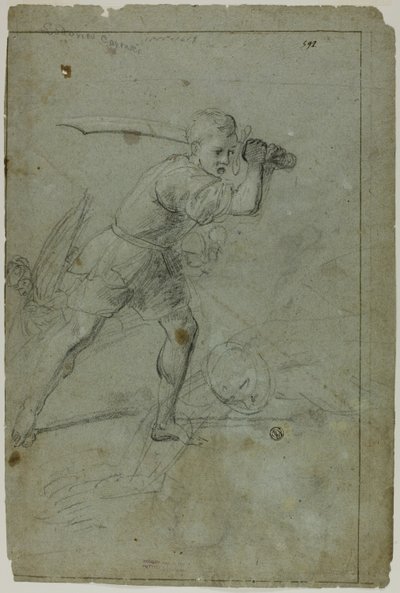 David enthauptet Goliath (recto); Skizze einer bekleideten weiblichen Figur mit erhobenem rechten Arm (verso) von Domenico Fiasella