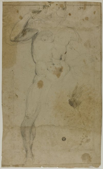 Stehender männlicher Akt (recto); Zwei männliche Halbfiguren, eine mit erhobenem Arm, die andere betend (verso) von Domenico Fiasella