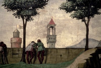 Männer, die über eine Mauer schauen, aus der Visitation von Domenico Ghirlandaio