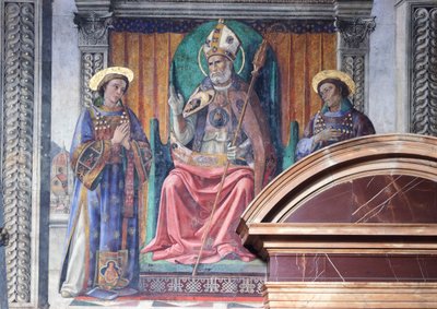 St. Zenobius, Bischof und Schutzpatron von Florenz, zwischen den Heiligen Eugen und Crescenzio und Marzocco, dem Löwen, Symbol der Stadt von Domenico Ghirlandaio (1449-1494), Fresko, Detail, Palazzo Vecchio, Saal der Lilien (Sala dei Gigli), Florenz von Domenico Ghirlandaio