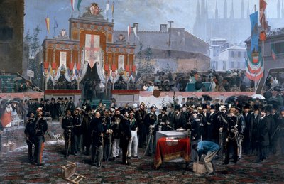 Zeremonie zur Grundsteinlegung der Galleria Vittorio Emanuele II in Mailand, 7. März von Domenico Induno