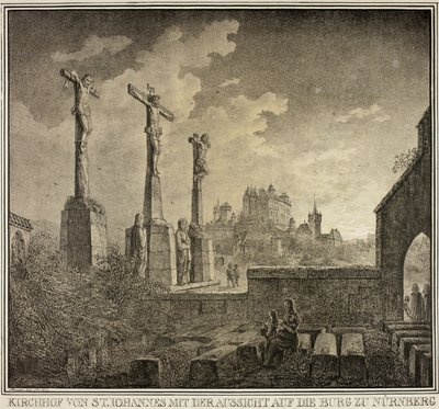 Friedhof St. Johannis mit Blick auf die Stadt Nürnberg, aus Sammlung denkwürdiger mittelalterlicher Gebäude in Deutschland von Domenico Quaglio