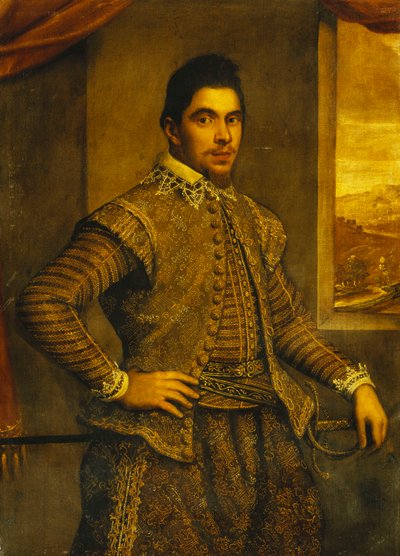 Porträt eines Gentlemans, Dreiviertellänge, in einem aufwendig bestickten Kostüm, vor einem Fenster, mit einer Landschaft im Hintergrund von Domenico Robusti Tintoretto