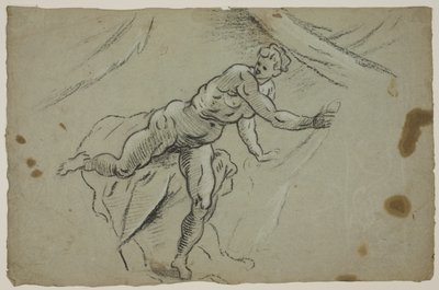 Nackte Frau mit einem Stück Stoff in den Händen, die hastig ein Zelt verlässt von Domenico Tintoretto