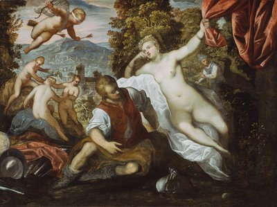 Venus und Mars mit Amor und den drei Grazien in einer Landschaft von Domenico Tintoretto