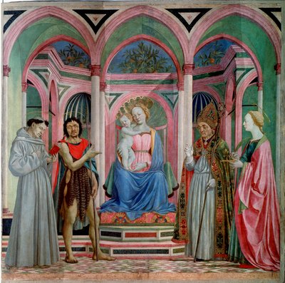 Altarbild von Santa Lucia dei Magnoli: Madonna mit Kind und den Heiligen Lucia, Franziskus, Johannes der Täufer und Zanobi von Domenico Veneziano