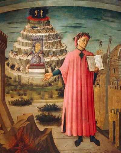 Dante Alighieri mit der Göttlichen Komödie in der Hand und den Bergen des Fegefeuers im Hintergrund (Detail) von Domenico di Michelino