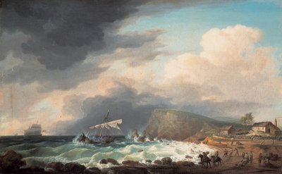 Ein Schiffswrack vor einer Küste mit Überlebenden und Rettern am Strand von Dominic Serres