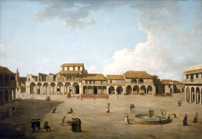 Havanna-Platz (Kuba), August und September 1762, unter britischer Besatzung mit einer Truppe von Soldaten in roten Uniformen, Beschreibung der Gebäude und einige englische Matrosen in der Nähe des Brunnens von Dominic Serres