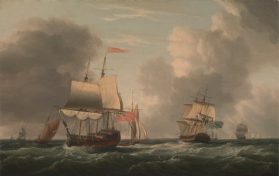 Ein englischer Zweidecker, der bei frischer Brise mit anderen Schiffen und Booten liegt von Dominic Serres RA