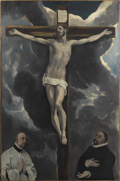 Christus am Kreuz, verehrt von zwei Stiftern, Ende des 16. Jahrhunderts von Dominico El Greco
