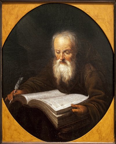 Ein Mönch liest, eine Feder in der Hand. Gemälde von Domenicus Van Tol (1635-1676), Öl auf Leinwand, von Gerrit Dou (1613-1675). Flämische Kunst von Dominicus van Tol