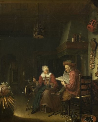 Innenraum mit einem Mann, der liest, und einer Frau, die Garn spinnt von Dominicus van Tol