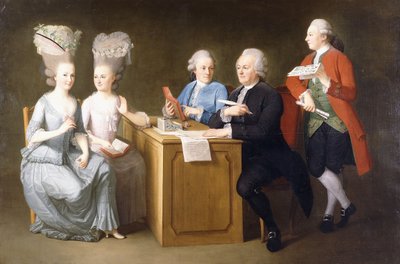 Eine Gruppenporträt von Monsieur Le Roy mit seinen zwei Töchtern und zwei Söhnen, sitzend in voller Länge an einem Tisch, 1779 von Dominique Doncre