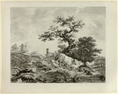 Landschaft mit Windmühle, jungem Mann und Mädchen, und zwei Ochsen von Dominique Vivant Denon