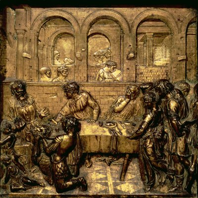 Herodes Fest, aus einer Serie von Reliefs, die das Leben von Johannes dem Täufer auf dem sechseckigen Taufbecken im Baptisterium darstellen, 1417-30 (vergoldete Bronze) von Donatello