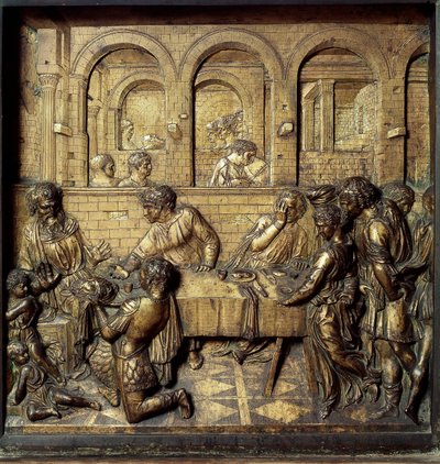 Das Bankett von Herodes Antipas II (21 v. Chr.-39 n. Chr.). Detail des unteren Reliefs des Taufbeckens von Donato di Niccolò di Betto Bardi, genannt Donatello (1386-1466) von Donatello