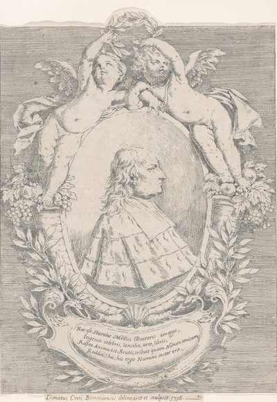 Porträt von Giovanni Girolamo Sbaraglia, in einem Oval flankiert von zwei Putti auf Füllhörnern, 1716 von Donato Creti