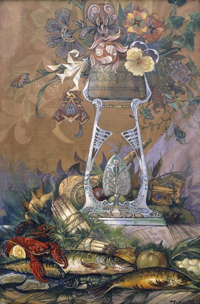 Blumen in einer Vase auf einem Stand mit Spargel, Hummern, Austern und Fisch von Dragutin Inkiostri Medensak
