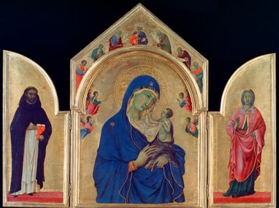 Madonna und Kind mit St. Dominikus und St. Aurea, um 1315 von Duccio di Buoninsegna