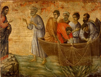 Die zweite wundersame Sünde: die Erscheinung Christi vor den Aposteln am See Tiberias von Duccio di Buoninsegna