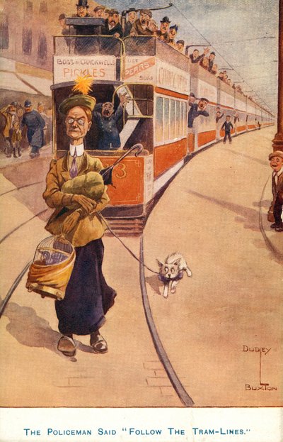 Frau hält eine Straßenbahn hoch, während sie ihren Hund ausführt von Dudley Buxton