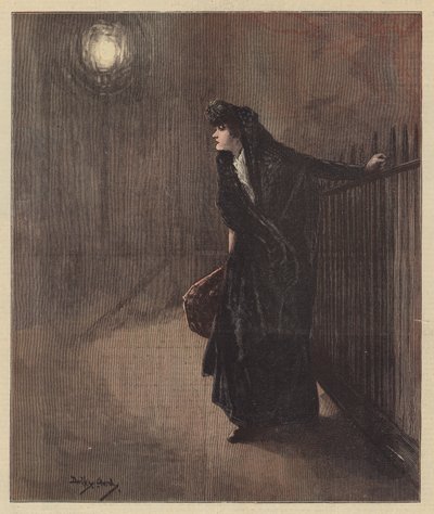 Carrie zitterte, als sie sich an die reifbedeckten Geländer klammerte (Farblitho) von Dudley Hardy