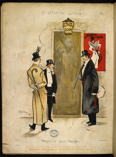 Drei Herren warten vor der Bühnentür, bis die Gaiety-Mädchen herauskommen. von Dudley Hardy