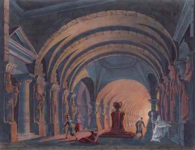 4. Akt von Semiramis von Rossini, veröffentlicht in einem Buch über Bühnenbild in Amsterdam im Jahr 1845 von Dutch School