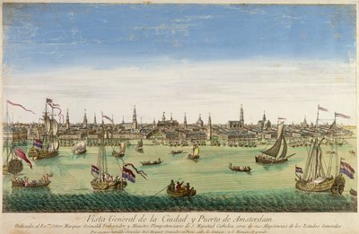 Eine Gesamtansicht des Hafens und der Stadt Amsterdam, Gravur von D.G. Hucquier, 16. Jahrhundert von Dutch School