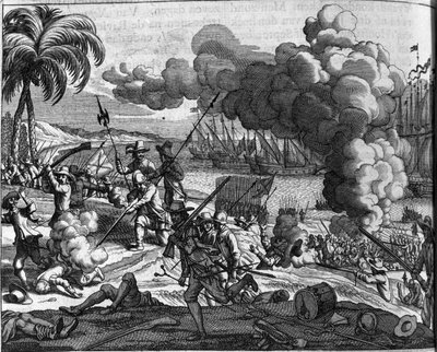 Kolonisation: die niederländischen Flotten vertreiben die Portugiesen aus Ceylon (heutiges Sri Lanka) im Jahr 1658. Niederländischer Druck aus „Afgoderye de oost-indische heydenen“ (Beschreibung der Länder Ostindiens) von Philippus Baldaeus (oder Balde) (1 von Dutch School