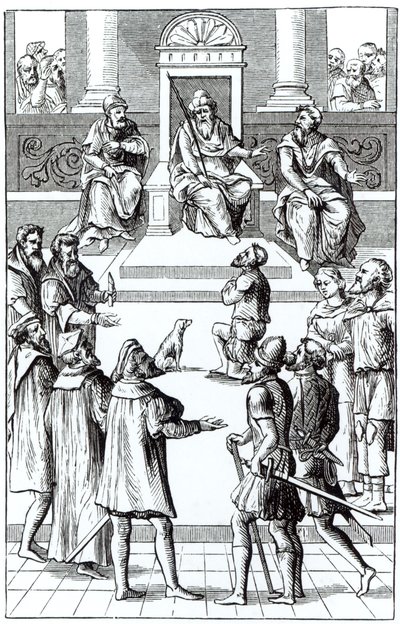 Beichte zur Wiedergutmachung vor dem Tribunal, nach einem Holzschnitt in Praxis Rerum Criminalium von Joos de Damhouder (1507-81) veröffentlicht in Antwerpen, 1556 von Dutch School