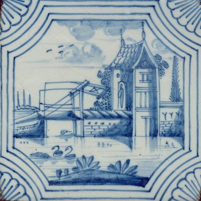 Delfter Fliese mit einer Zugbrücke über einen Kanal, 19. Jahrhundert von Dutch School
