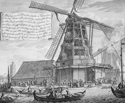 Feuerbekämpfung in einer Windmühle in der Nähe von Worden, aus einem Buch über die Brandbekämpfung in Holland, veröffentlicht um 1700 von Dutch School