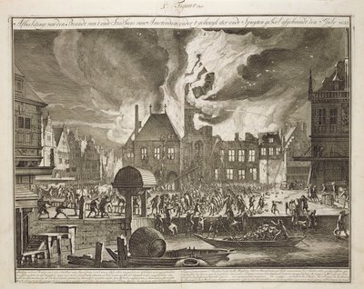 Brand im alten Amsterdamer Rathaus, 17. Juli 1652, aus einem Buch über die Brandbekämpfung in Holland, veröffentlicht um 1700 von Dutch School