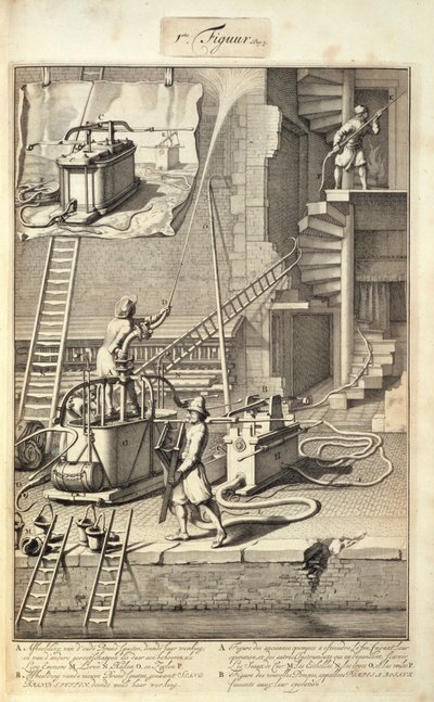 Feuerlöschmaschinen, aus einem Buch über die Brandbekämpfung in Holland, veröffentlicht um 1700 von Dutch School