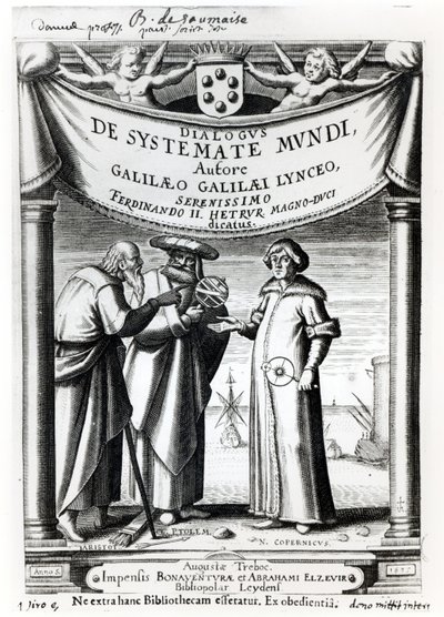 Frontispiz von Dialogus De Systemate Mundi von Galileo (1564-1642), veröffentlicht in Leiden 1635 von Dutch School