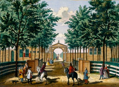 Gärten des Lustschlosses von Francois van Haringkaspel, aus Het Zeganpralent Kennemerlant von Hendrick de Leth und Matthias Brouerius Van Nidek, veröffentlicht um 1700-1730 von Dutch School